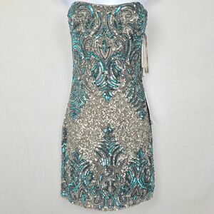 Scala Sequin Beaded Mini Dress 48528 Size 8 NWT Silver Teal